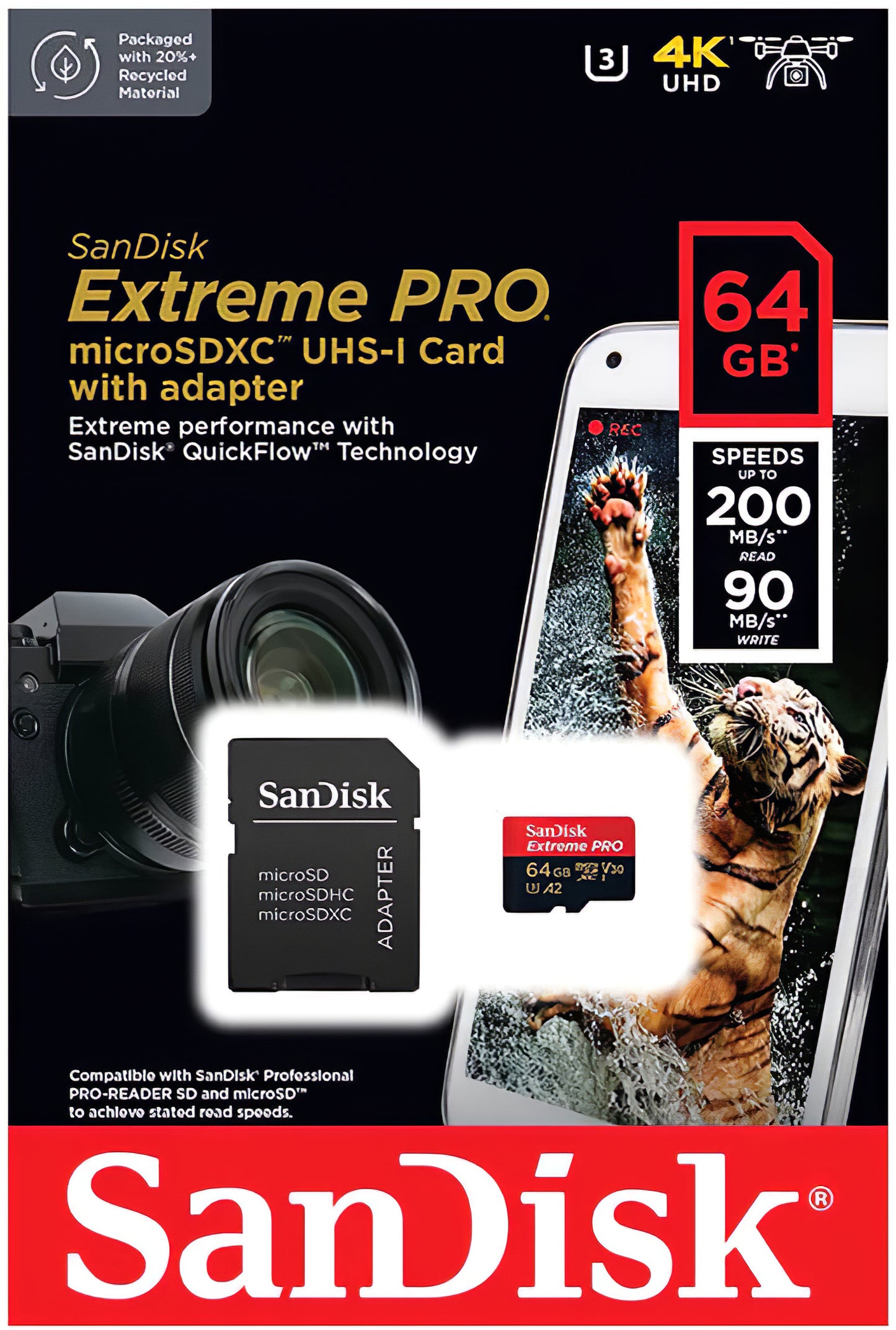 Hukommelseskort microSDXC SanDisk Extreme Pro, 64Gb, Klasse 10 / UHS-1 U3, Med Adapter SDSQXCU-064G-GN6MA
