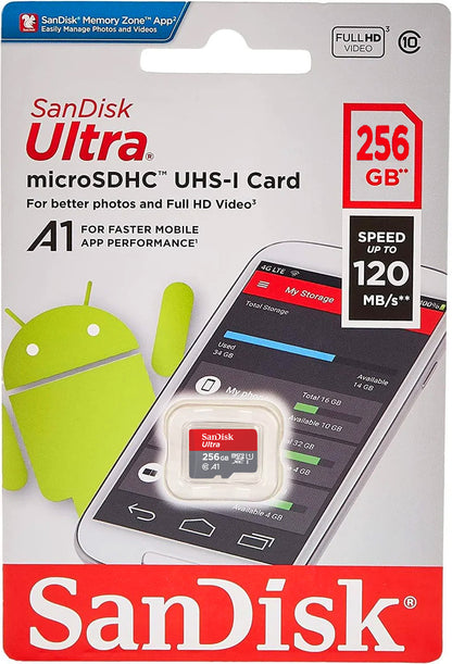 SanDisk Ultra Android A1 microSDXC hukommelseskort, 256Gb, Klasse 10 / UHS-1 U1 SDSQUAC-256G-GN6MN