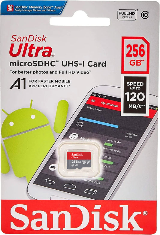 SanDisk Ultra Android A1 microSDXC hukommelseskort, 256Gb, Klasse 10 / UHS-1 U1 SDSQUAC-256G-GN6MN