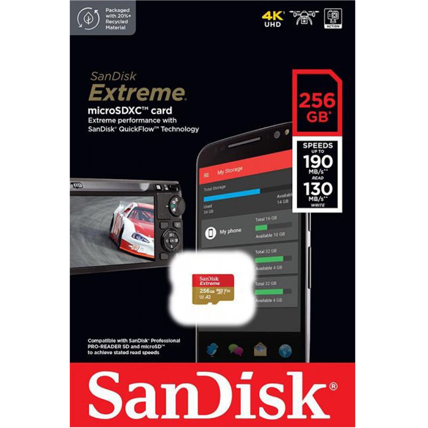 SanDisk Extreme microSDXC hukommelseskort, 256Gb, Klasse 10 / UHS-1 U3 SDSQXAV-256G-GN6MN