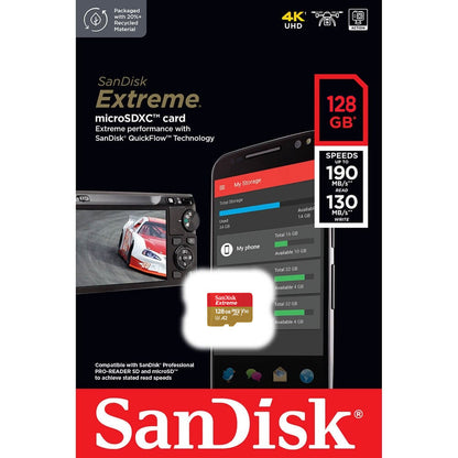 SanDisk Extreme microSDXC-hukommelseskort, 128Gb, klasse 10 / UHS-1 U3 SDSQXAA-128G-GN6MN 