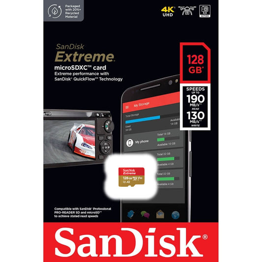 SanDisk Extreme microSDXC-hukommelseskort, 128Gb, klasse 10 / UHS-1 U3 SDSQXAA-128G-GN6MN 