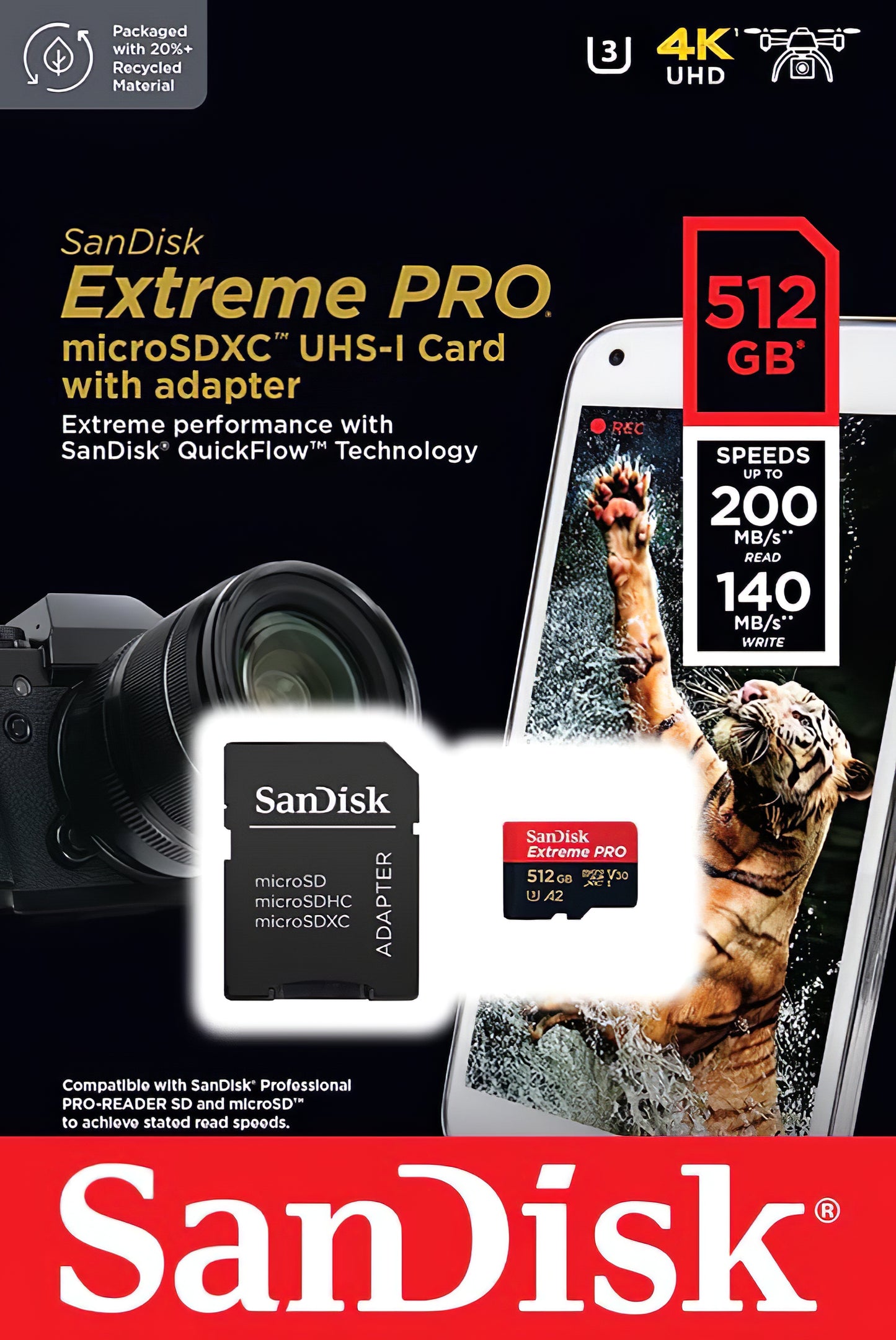 Hukommelseskort microSDXC SanDisk Extreme Pro, 512Gb, Klasse 10 / UHS-1 U3, Med Adapter SDSQXCD-512G-GN6MA