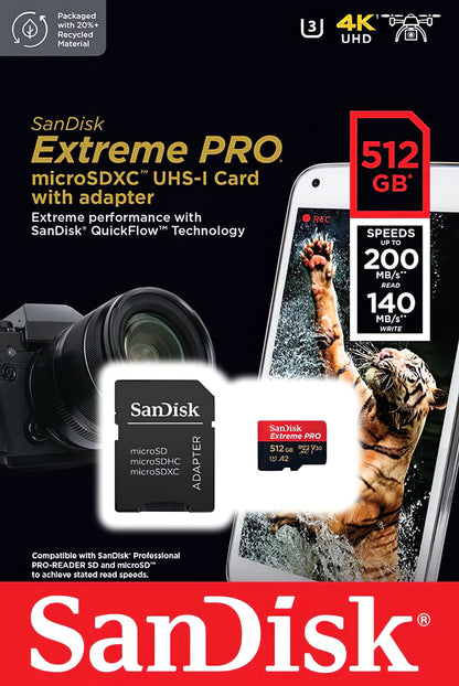 Hukommelseskort microSDXC SanDisk Extreme Pro, 512Gb, Klasse 10 / UHS-1 U3, Med Adapter SDSQXCD-512G-GN6MA