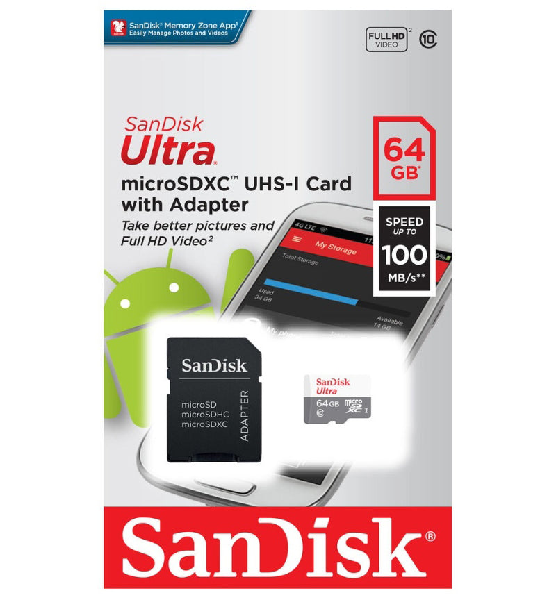 SanDisk Ultra microSDXC hukommelseskort, 64GB, Klasse 10, med adapter SDSQUNR-064G-GN6TA