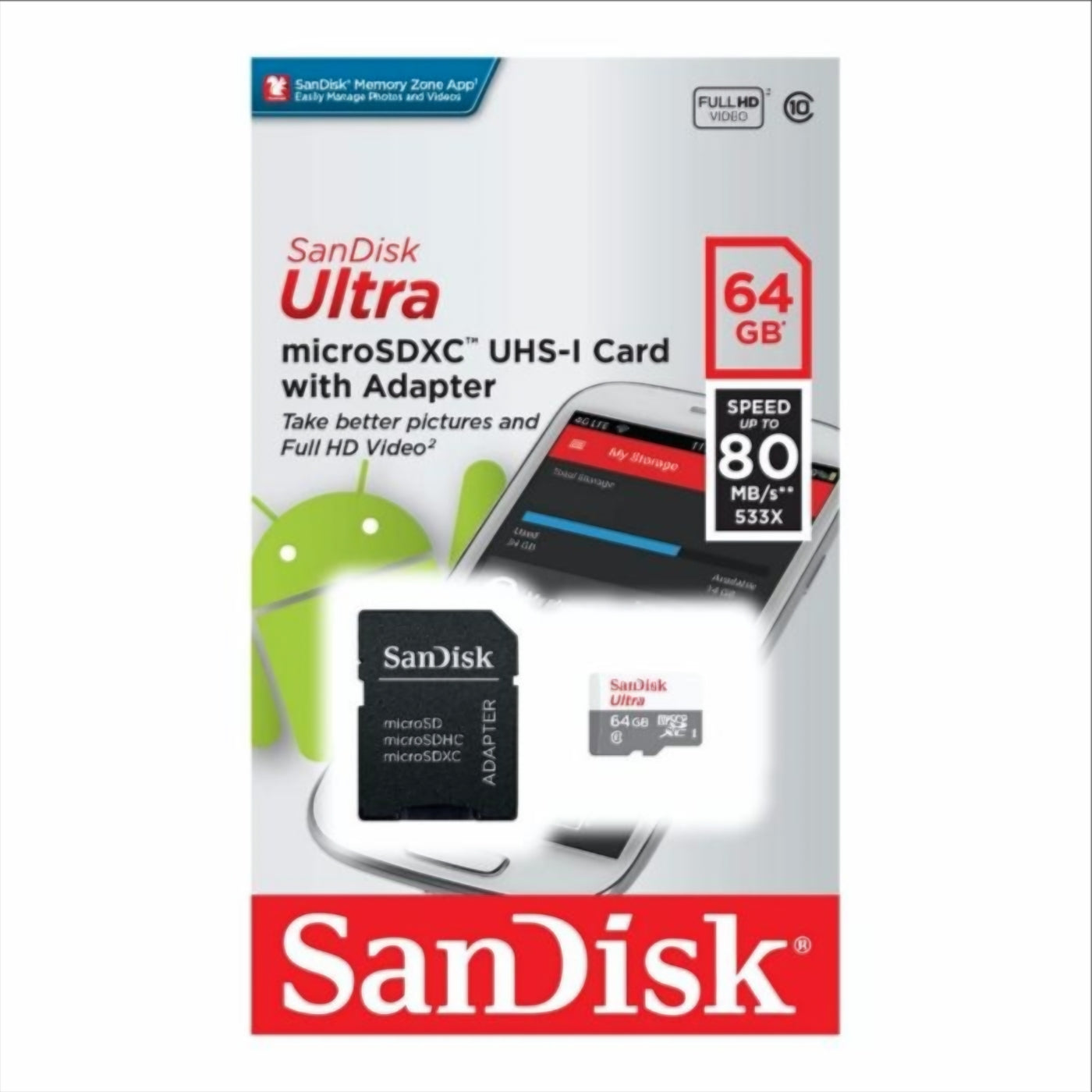 SanDisk Ultra microSDXC hukommelseskort, 64Gb, Klasse 10, med adapter SDSQUNR-064G-GN3MA