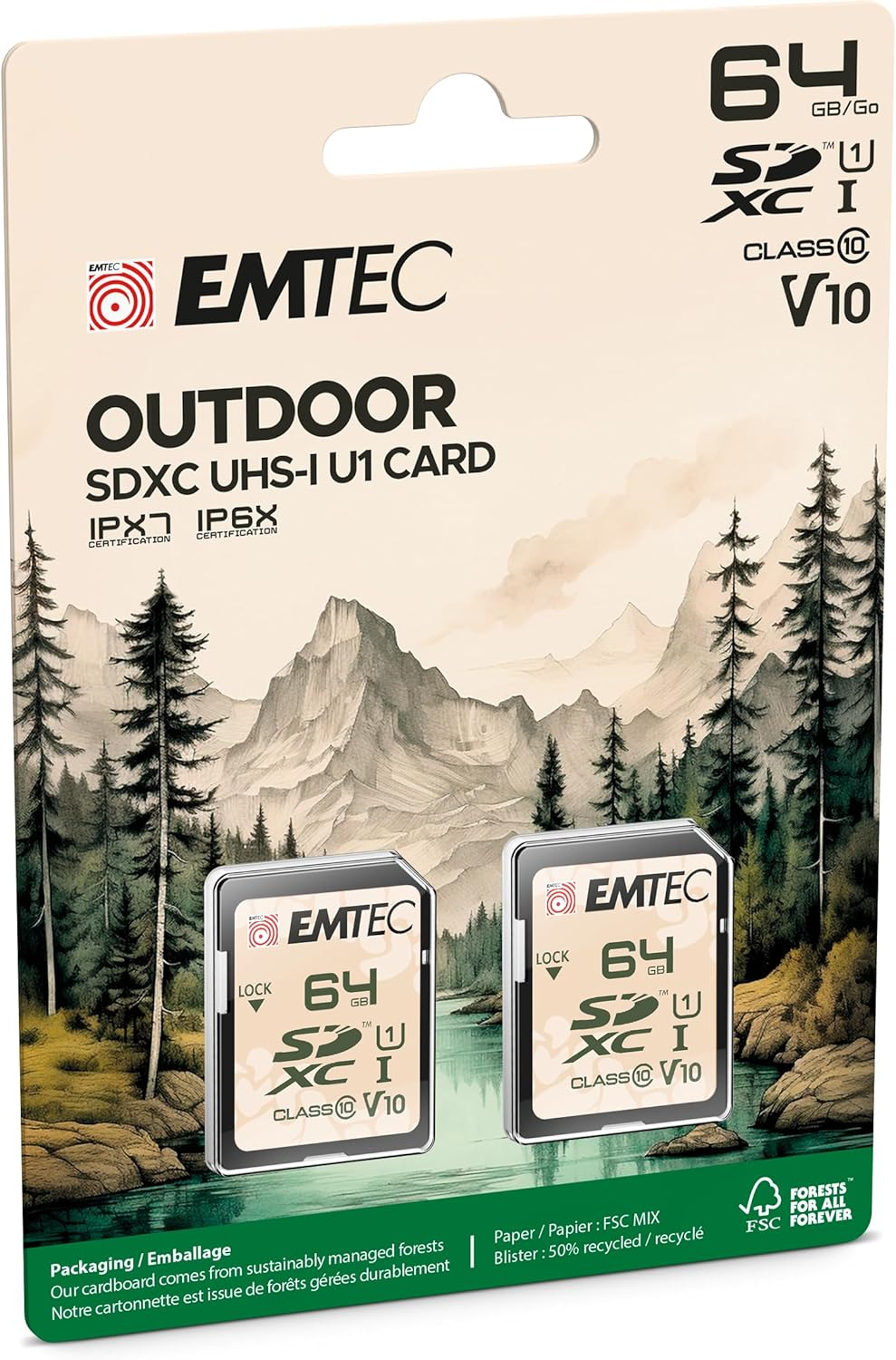 SDXC Hukommelseskort Emtec Rugged Outdoor, 64Gb, Klasse 10 / UHS-1 U1, Sæt med 2 stk. ECMSD64GXCU1ORP2