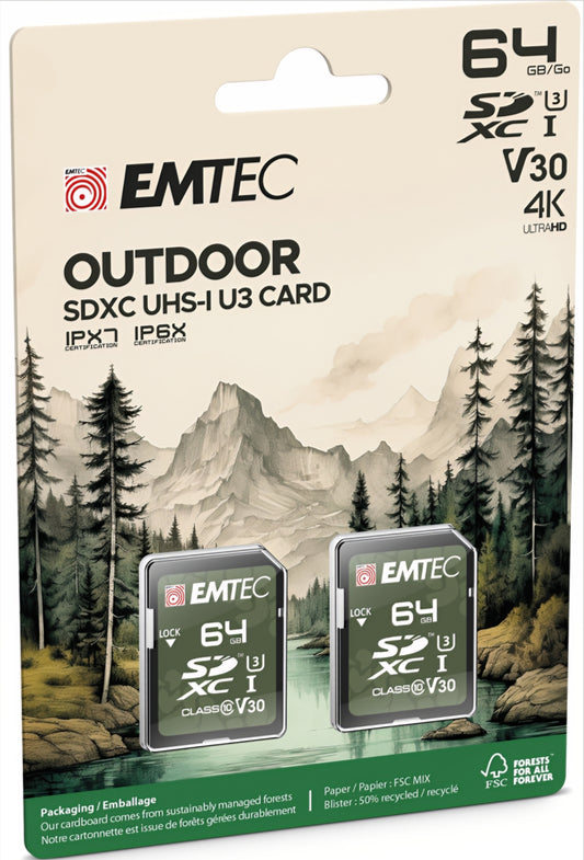 SDXC Hukommelseskort Emtec Rugged Outdoor, 64Gb, Klasse 10 / UHS-1 U3, Sæt med 2 stk. ECMSD64GXCU3ORP