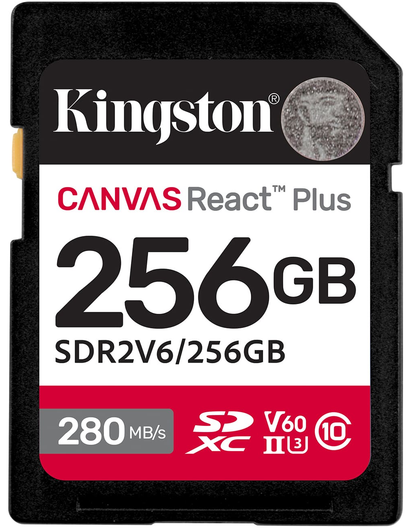 SDXC-hukommelseskort Kingston Canvas React Plus, 256Gb, Klasse 10 / UHS-2 U3 SDR2V6/256GB