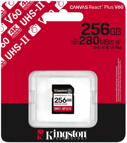 SDXC-hukommelseskort Kingston Canvas React Plus, 256Gb, Klasse 10 / UHS-2 U3 SDR2V6/256GB