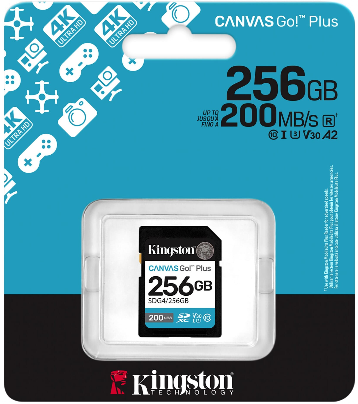 SDXC Kingston Canvas Go Plus hukommelseskort, 256Gb, Klasse 10 / UHS-1 U3 SDG4/256GB