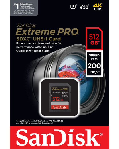 SDXC SanDisk Extreme Pro hukommelseskort, 512Gb, Klasse 10 / UHS-1 U3 SDSDXXD-512G-GN4IN