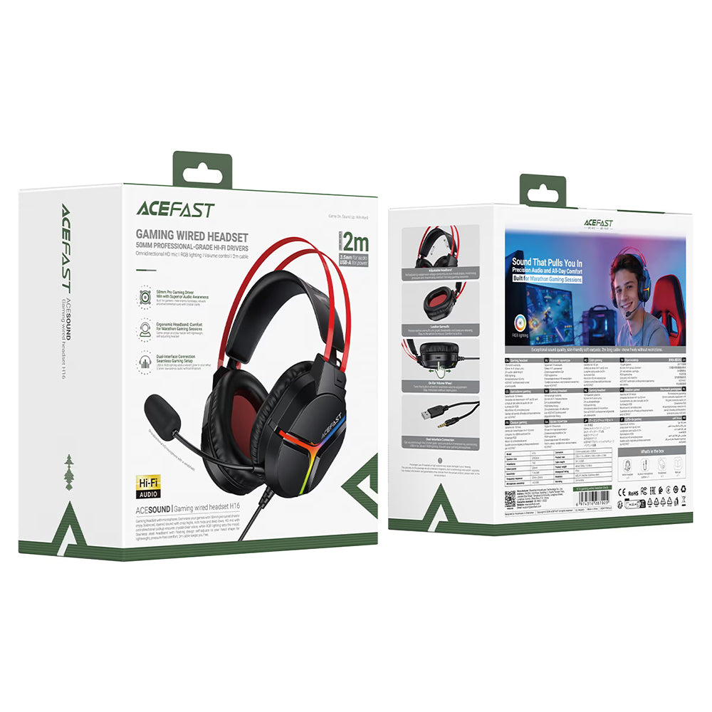 Gaming Headset 3,5mm Acefast H16, RGB, 2m, Sort