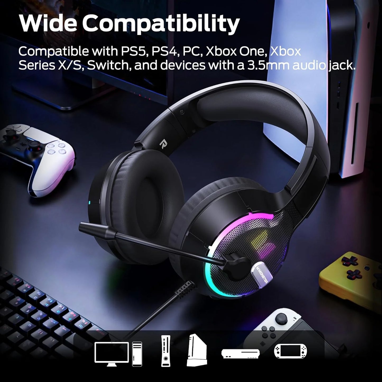 Gaming Headset 3,5 mm Monster Mission 320, RGB, 1,9 m, Sort