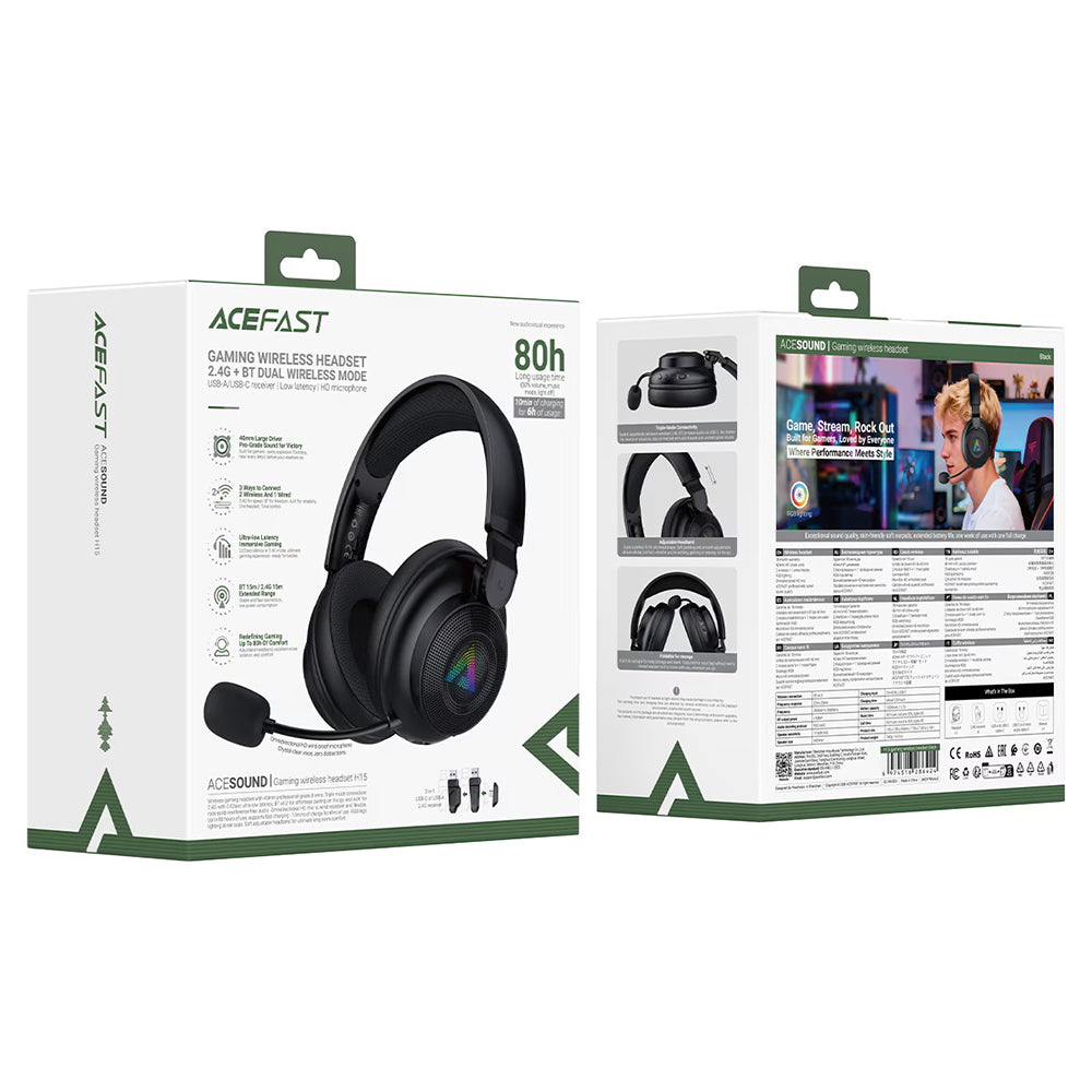 Acefast H15 trådløse gamingheadset, RGB, BT / Wi-Fi / kablet, sort