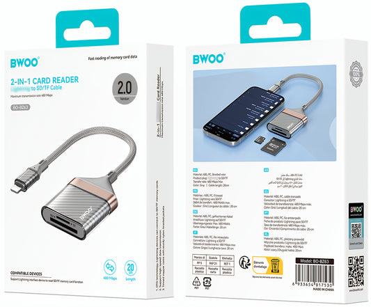 Lightning-kortlæser BWOO BZ63, SD - microSD, grå