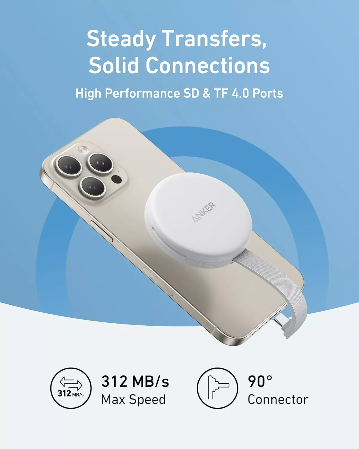 USB-C-kortlæser Anker MagGo til Apple iPhone USB-C, SD - microSD, Hvid A83D1G21