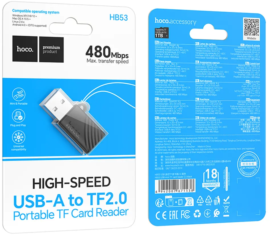 USB-kortlæser HOCO HB53, microSD, Sort