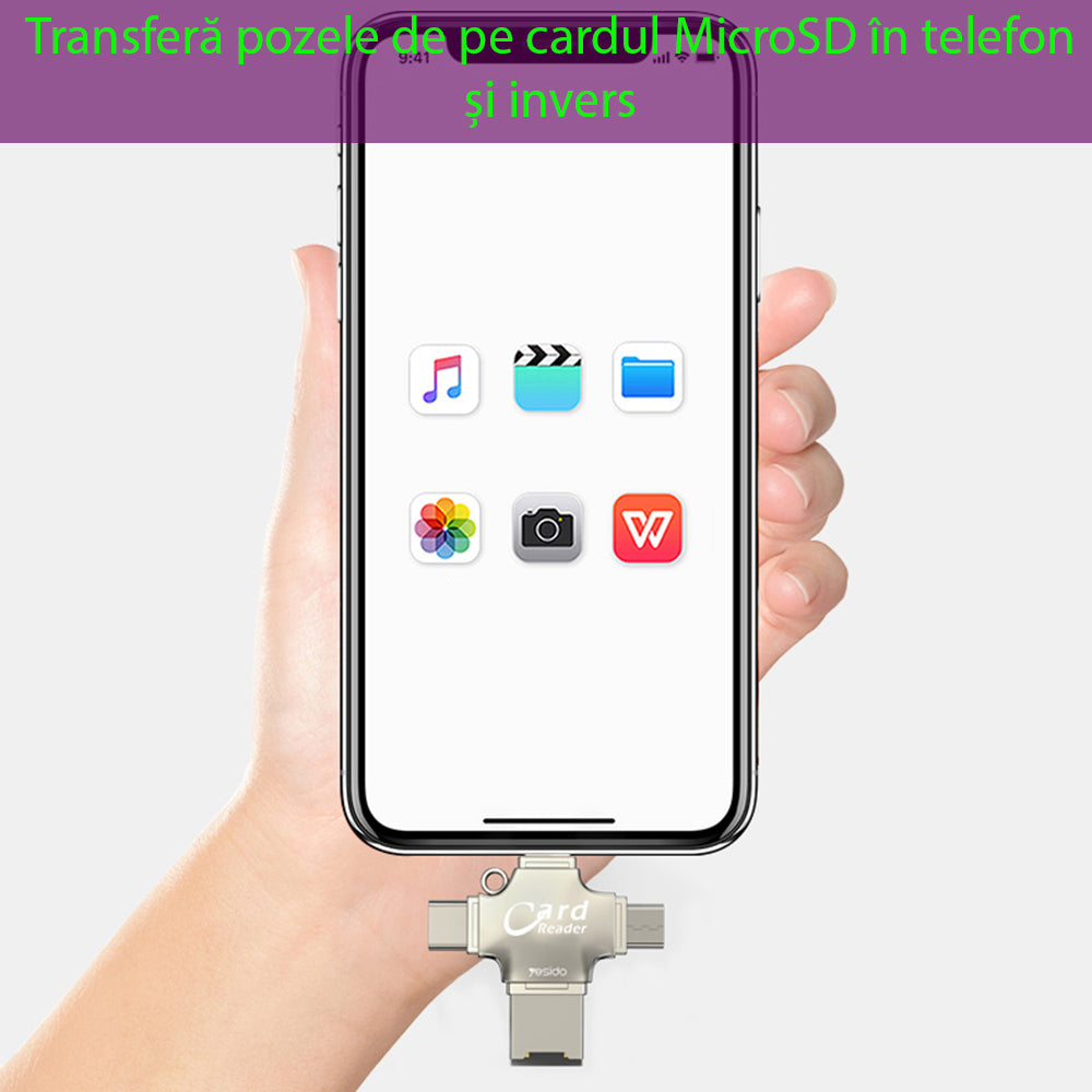 USB / USB-C / Lightning / microUSB-kortlæser Yesido GS13, microSD, Sølv