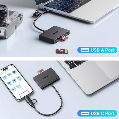 USB / USB-C Kortlæser UGREEN CM812 (45167), SD - microSD - 2 x USB-A, Sort