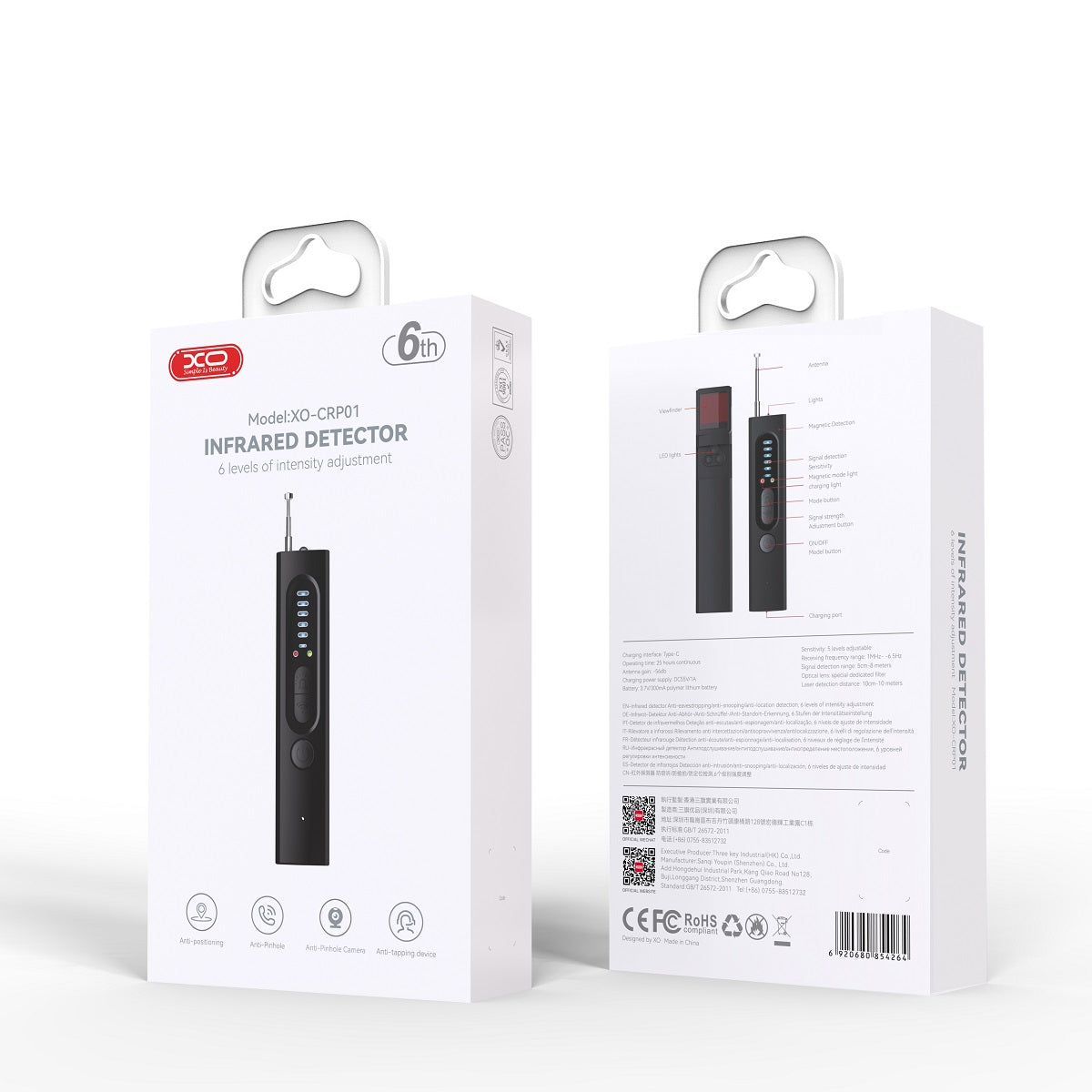 IR-detektor til GSM-enheder / skjulte mikrofoner / GPS-trackere XO Design CRP01, Sort