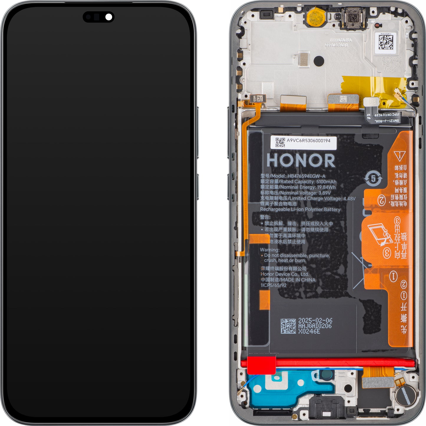 Display med Touchscreen Honor 400 Lite, med Ramme og Batteri, Sort (Velvet Black), Servicepakke 0235ANSY