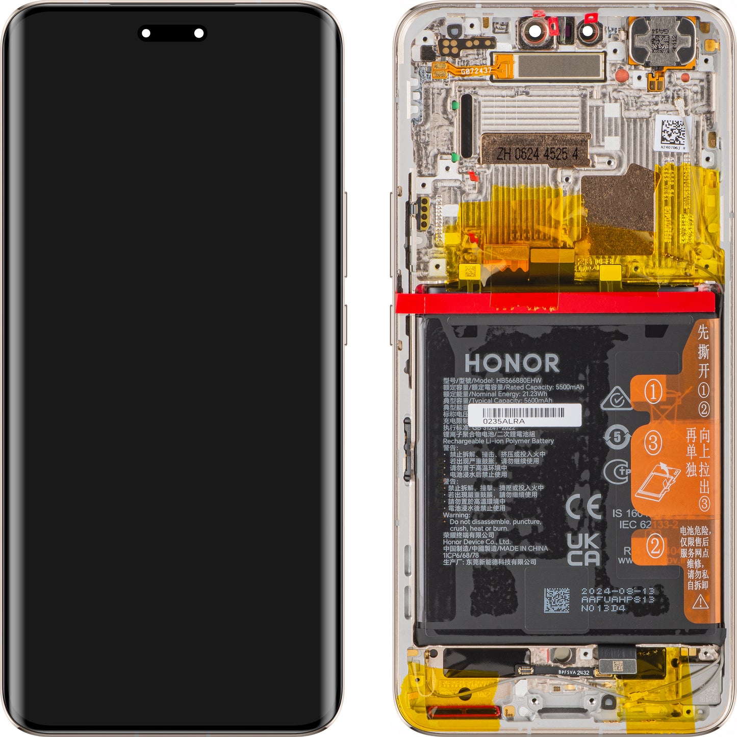 Touchscreen-skærm med touchscreen Honor Magic6 Pro, med ramme og batteri, guld, servicepakke 0235ALRA 