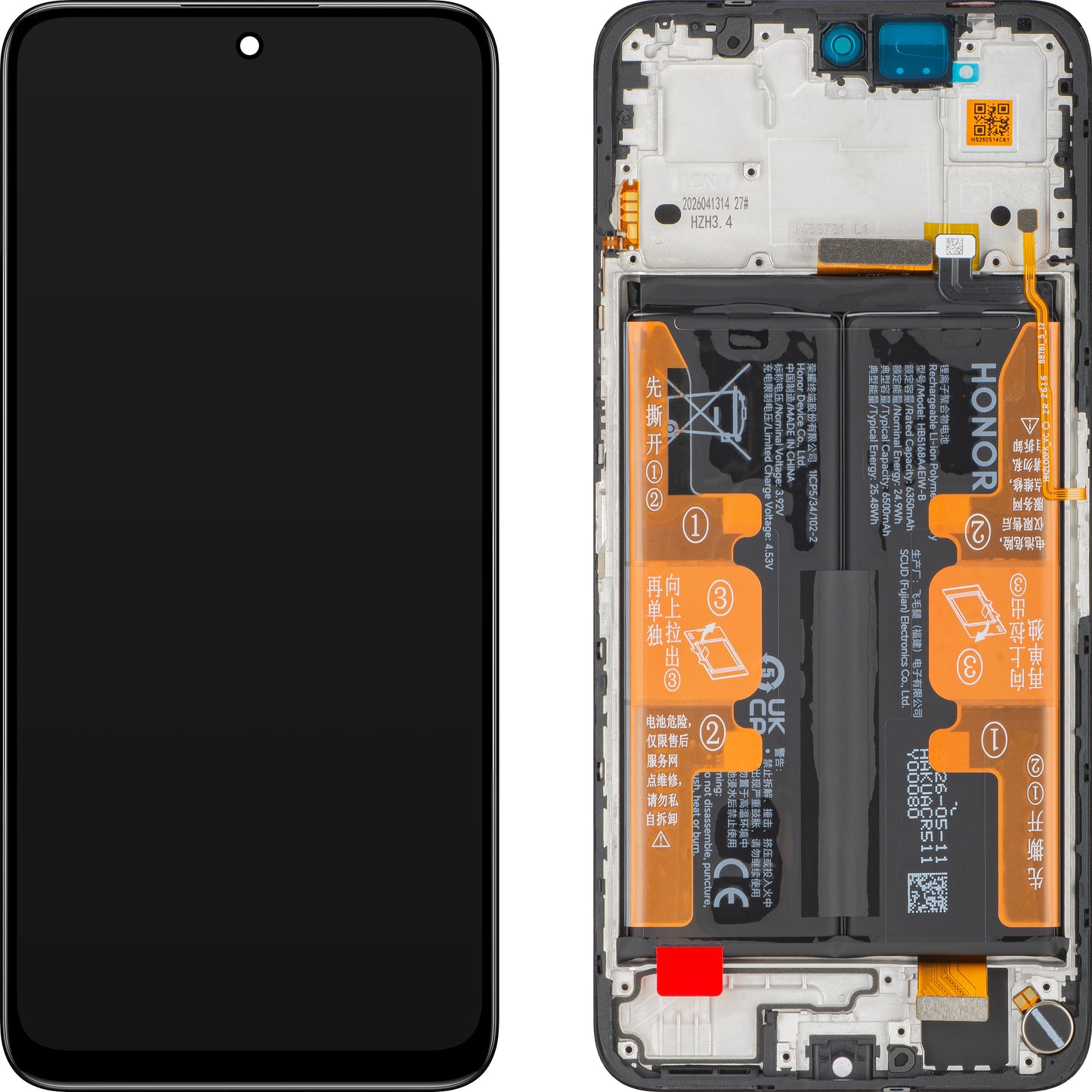 Touchscreen-display Honor 400 Smart 5G, med ramme og batteri, sort, Service Pack 0235AQSV