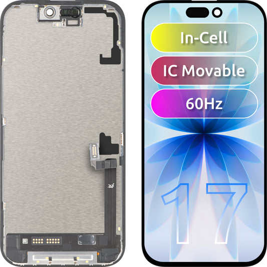 JK Touchscreen-display til Apple iPhone 17, med ramme, LCD In-Cell IC flytbar version, sort