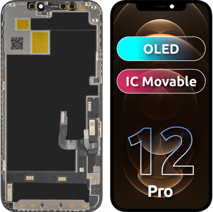 JK Touchscreen Display til Apple iPhone 12 / 12 Pro, med ramme, OLED IC Flytbar version, Sort