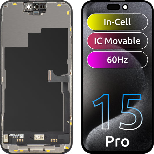 Display med Touchscreen JK til Apple iPhone 15 Pro, med Ramme, LCD In-Cell IC Movable Version, Sort