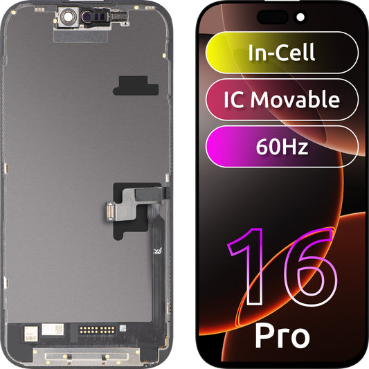 JK Touchscreen-display til Apple iPhone 16 Pro, med ramme, LCD In-Cell IC flytbar version, sort