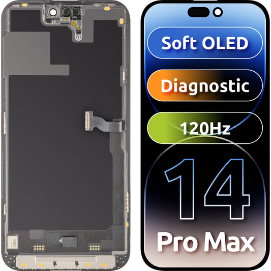 Display med MP touchscreen kompatibel med Apple iPhone 14 Pro, med ramme, Soft OLED 120Hz FHD Diagnostic version, Sort, Swap