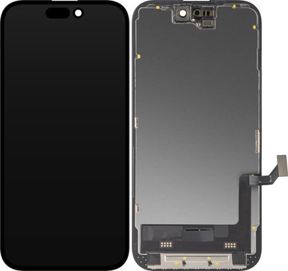 Display med Touchscreen MP kompatibel med Apple iPhone 15, med Ramme, Soft OLED FHD Diagnostisk Version, Sort