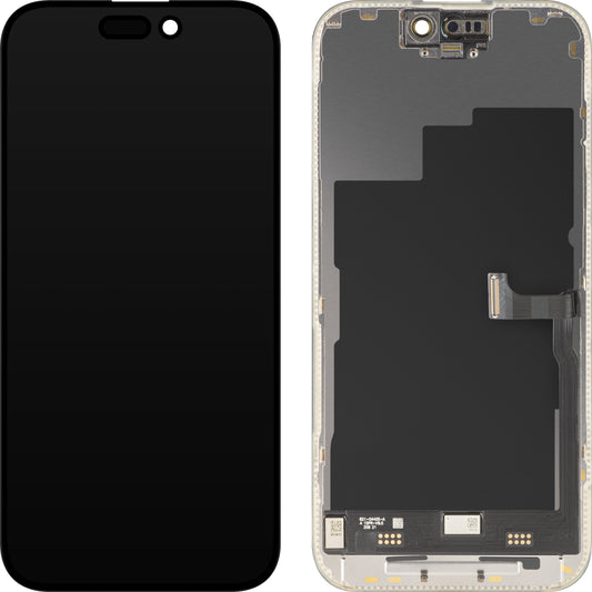 MP Touchscreen-display kompatibelt med Apple iPhone 15 Pro, med ramme, Premium Soft OLED FHD 120Hz version, sort
