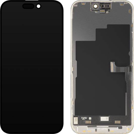 MP Touchscreen-display kompatibelt med Apple iPhone 15 Pro, med ramme, Premium Soft OLED FHD 120Hz Diagnostic version, sort