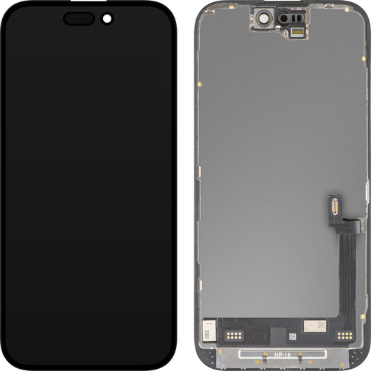 MP Touchscreen-display kompatibelt med Apple iPhone 16, med ramme, Premium Soft OLED FHD 120Hz Diagnostic version, sort