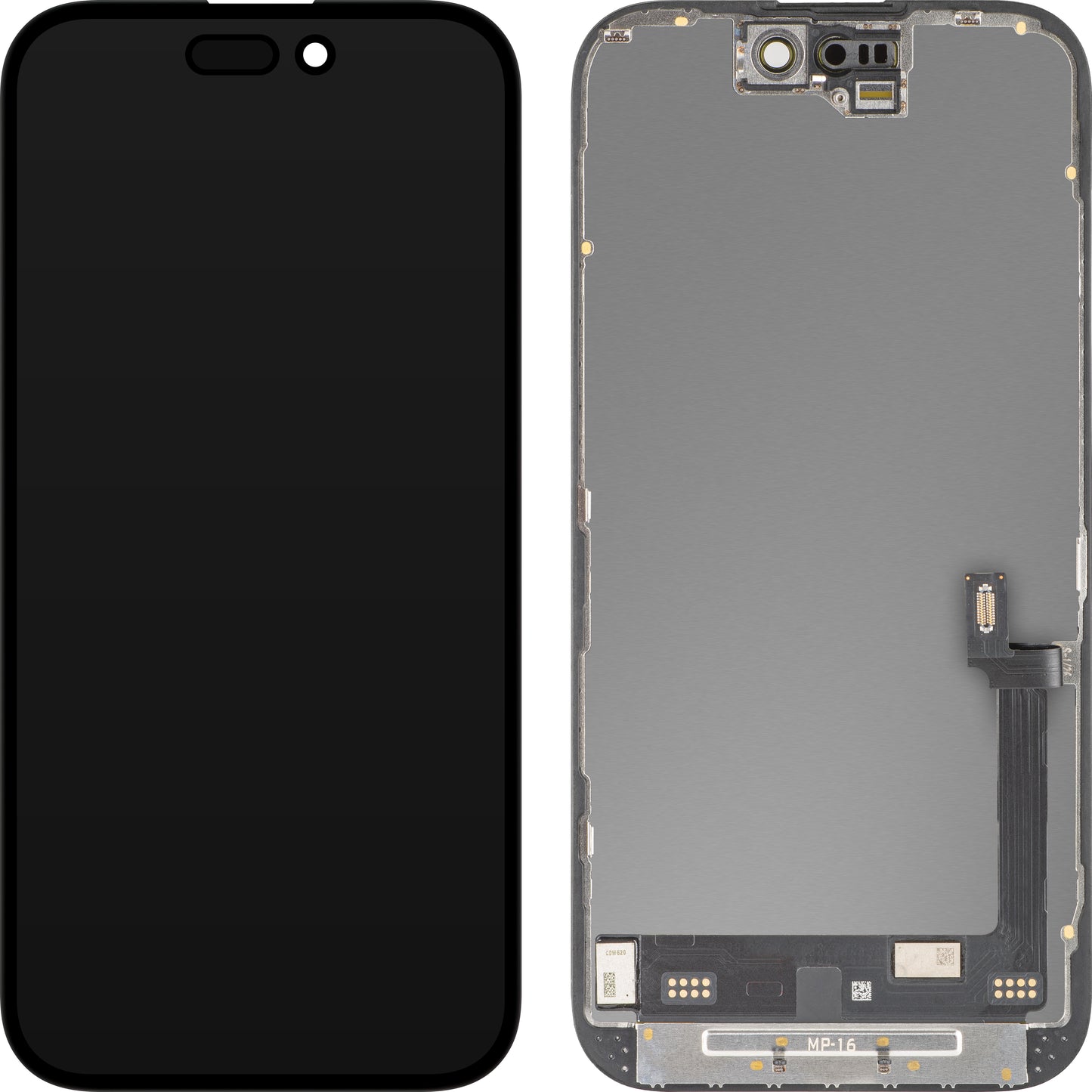 MP Touchscreen-display kompatibelt med Apple iPhone 16, med ramme, Premium Soft OLED FHD Diagnostic version, sort