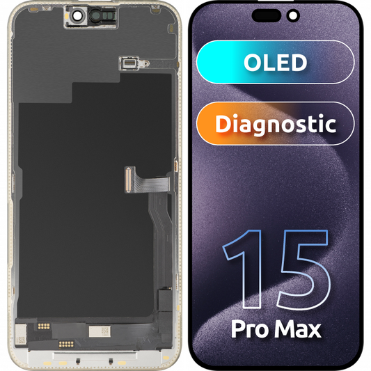 MP Touchscreen-display kompatibelt med Apple iPhone 15 Pro Max, med ramme, OLED FHD Diagnostic version, sort, genforseglet