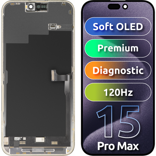 MP Touchscreen-display kompatibelt med Apple iPhone 15 Pro Max, med ramme, Premium Soft OLED FHD 120Hz diagnostisk version, sort, genforseglet