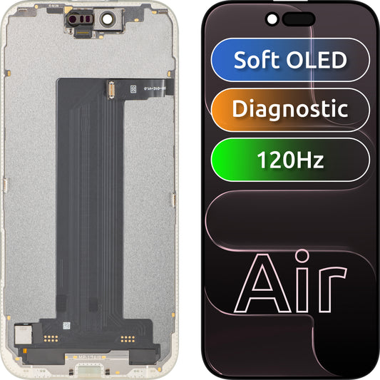MP Touchscreen-display kompatibelt med Apple iPhone 17 Air, med ramme, Soft Version OLED FHD 120Hz Diagnostic, sort