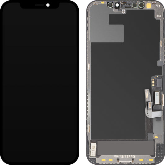 MP Touchscreen-display kompatibelt med Apple iPhone 12 / 12 Pro, med ramme, OLED FHD Diagnostic softversion, sort