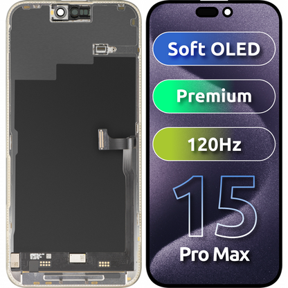 MP Touchscreen-display kompatibelt med Apple iPhone 15 Pro Max, med ramme, Premium Soft OLED FHD 120Hz version, sort