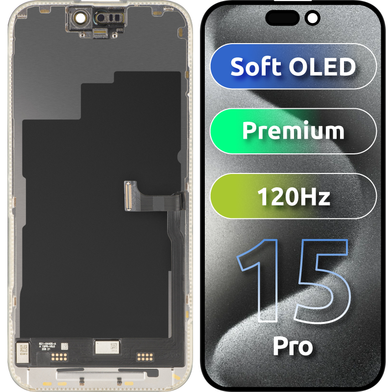 MP Touchscreen-display kompatibelt med Apple iPhone 15 Pro, med ramme, Premium Soft OLED FHD 120Hz version, sort