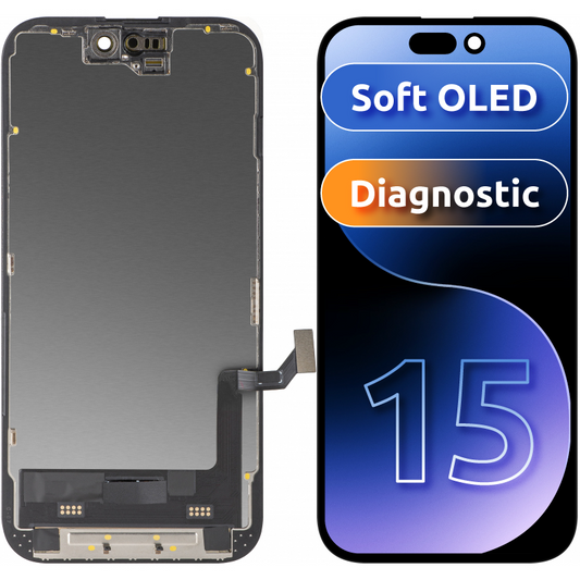 Display med Touchscreen MP kompatibel med Apple iPhone 15, med Ramme, Soft OLED FHD Diagnostisk Version, Sort