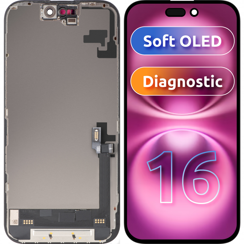 Display med MP touchscreen kompatibel med Apple iPhone 16, med ramme, Soft OLED FHD Diagnostic version, Sort