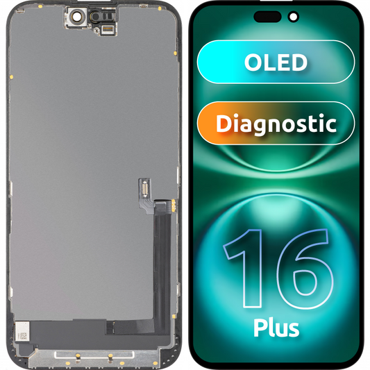 Display med MP touchscreen kompatibel med Apple iPhone 16 Plus, med ramme, OLED FHD Diagnostic version, Sort