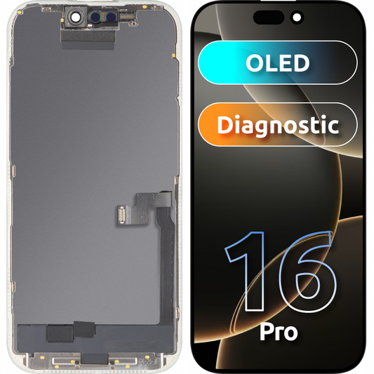 Display med MP touchscreen kompatibel med Apple iPhone 16 Pro, med ramme, OLED FHD Diagnostic version, Sort