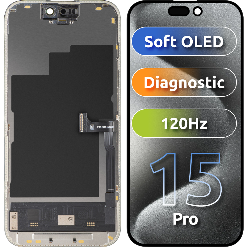 Display med MP touchscreen kompatibel med Apple iPhone 15 Pro, med ramme, Soft OLED FHD 120Hz Diagnostic version, Sort