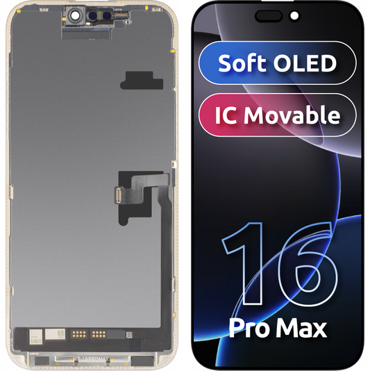 MP Touchscreen-display kompatibel med Apple iPhone 16 Pro Max, med ramme, Soft OLED FHD IC Movable version, sort